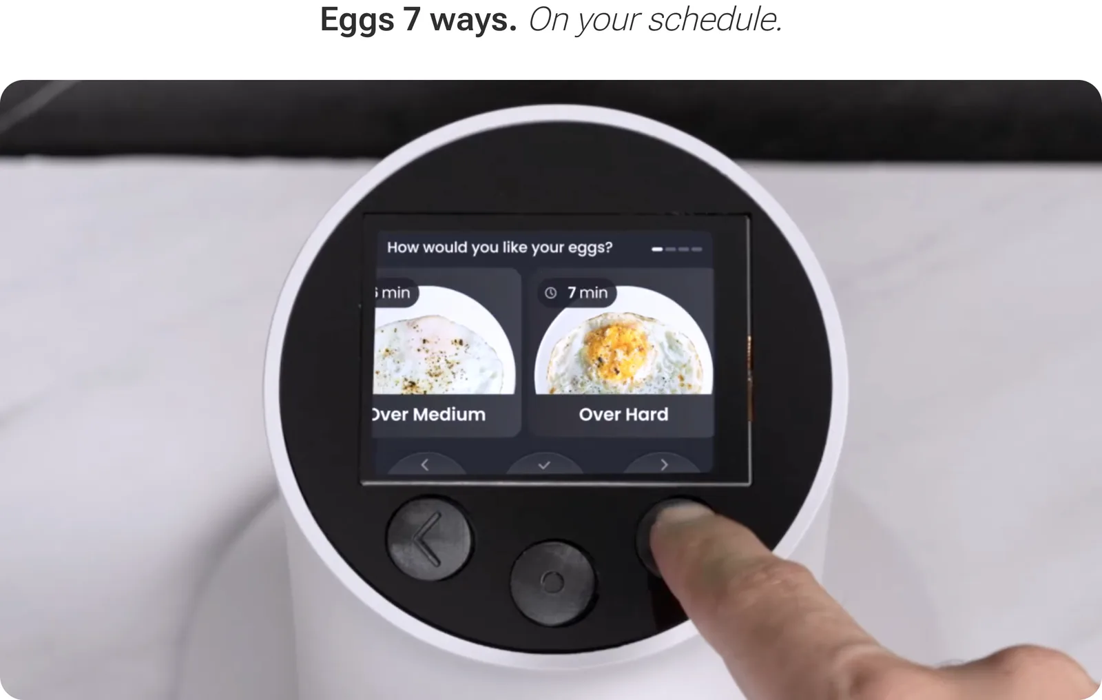 EGOR's round front panel with a recipe-selection screen and three buttons
