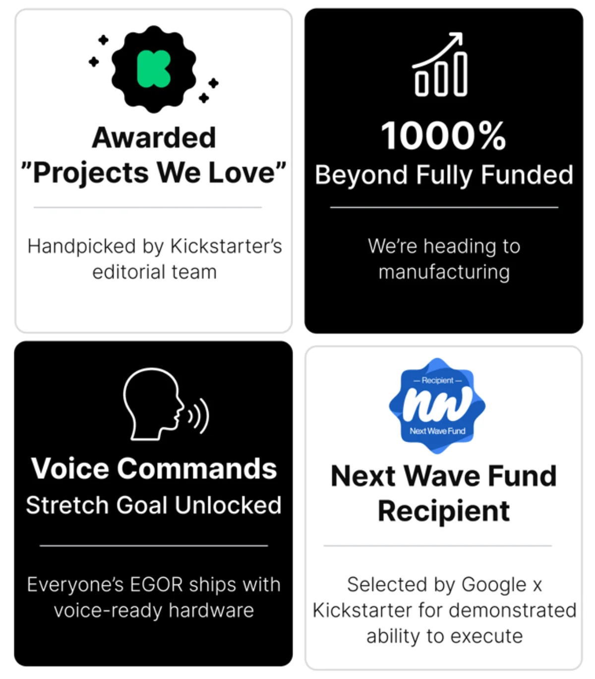 Kickstarter badges: Projects We Love, 1000% funded, voice commands unlocked, Next Wave Fund recipient