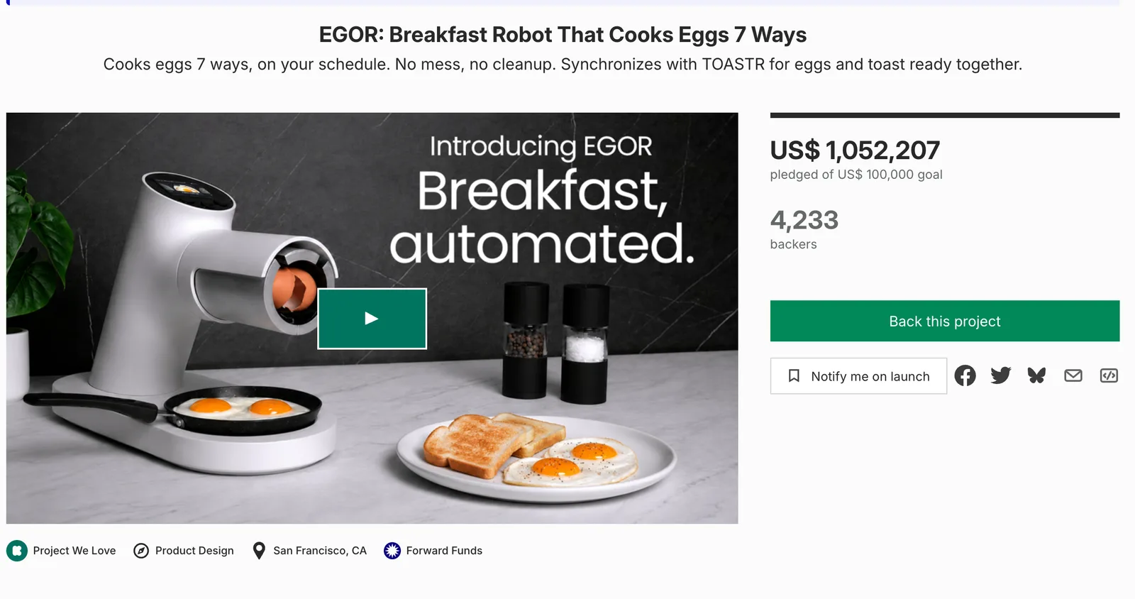 EGOR Kickstarter campaign page: US$1,052,207 pledged of a US$100,000 goal by 4,233 backers