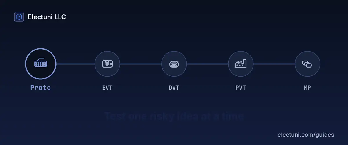 Short looping animation: a highlight moves along the path Proto, EVT, DVT, PVT and Mass production while the question each stage answers appears beneath it.