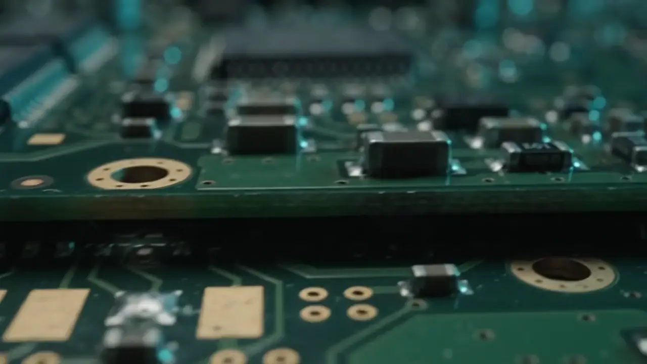 Close-up of a populated printed circuit board with surface-mount components